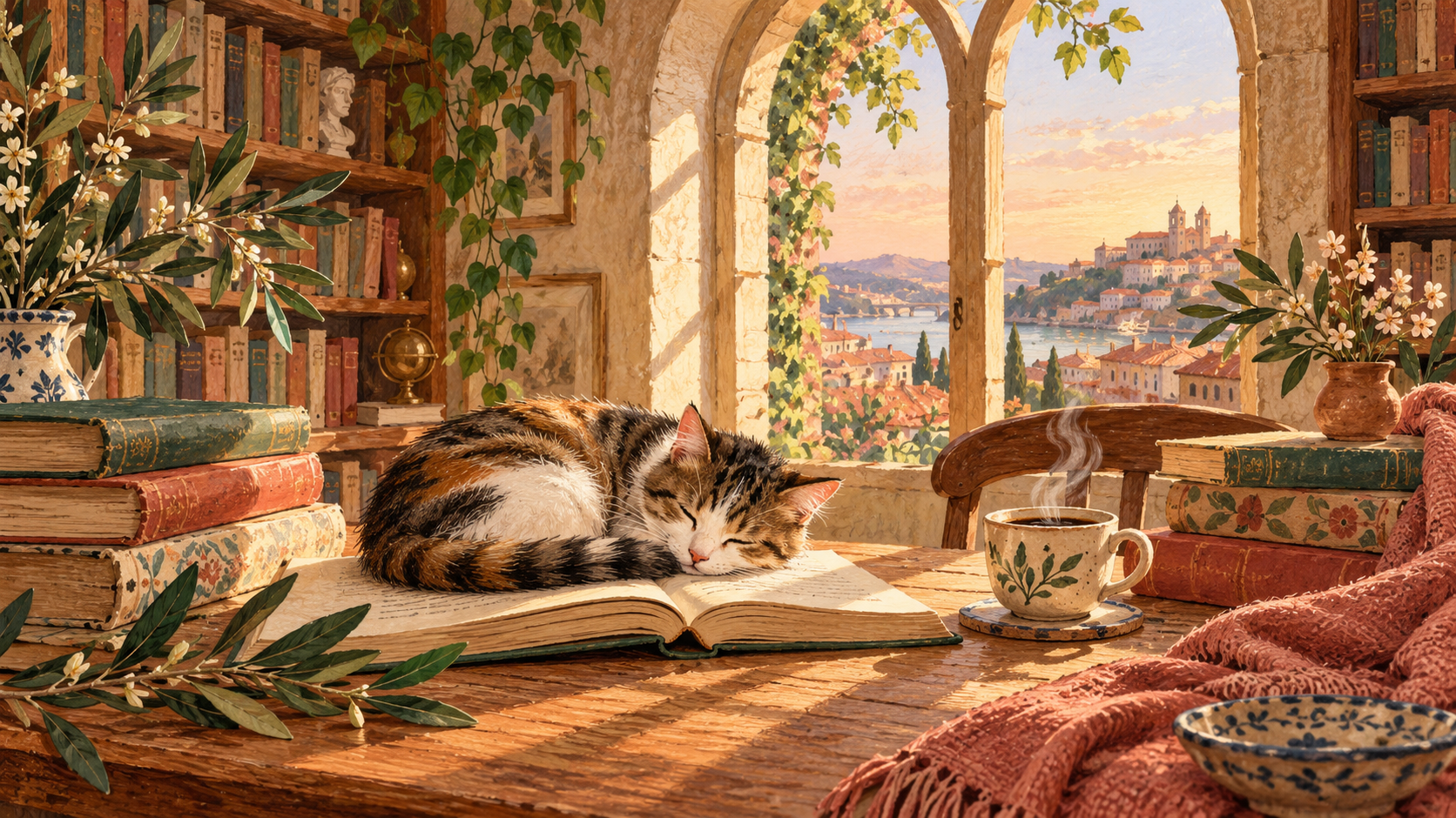 Ilustração de uma gatinha descansando sobre um livro aberto, entre livros, café e plantas em uma biblioteca acolhedora.